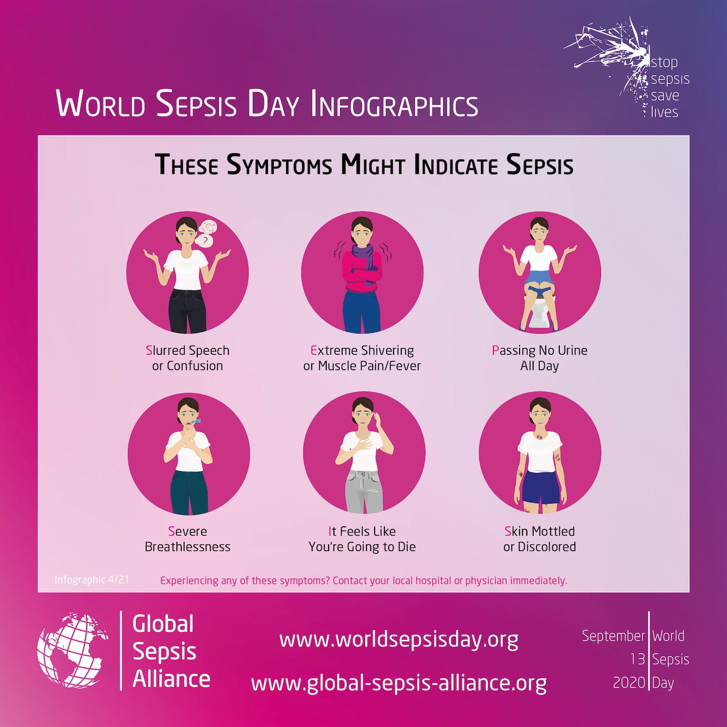 World Sepsis Day Infographic | These symptoms might indicate sepsis: Slurred speech or confusion; Extreme shivering or muscle pain/fever; Passing no urine all day; Severe breathlessness; It feels like you're going to die; Skin mottled or discoloured