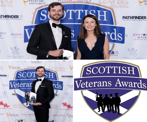 Nia-Wyn Evans presenting Dr David Gillespie with "role model of the year" at the Scottish Veterans Awards