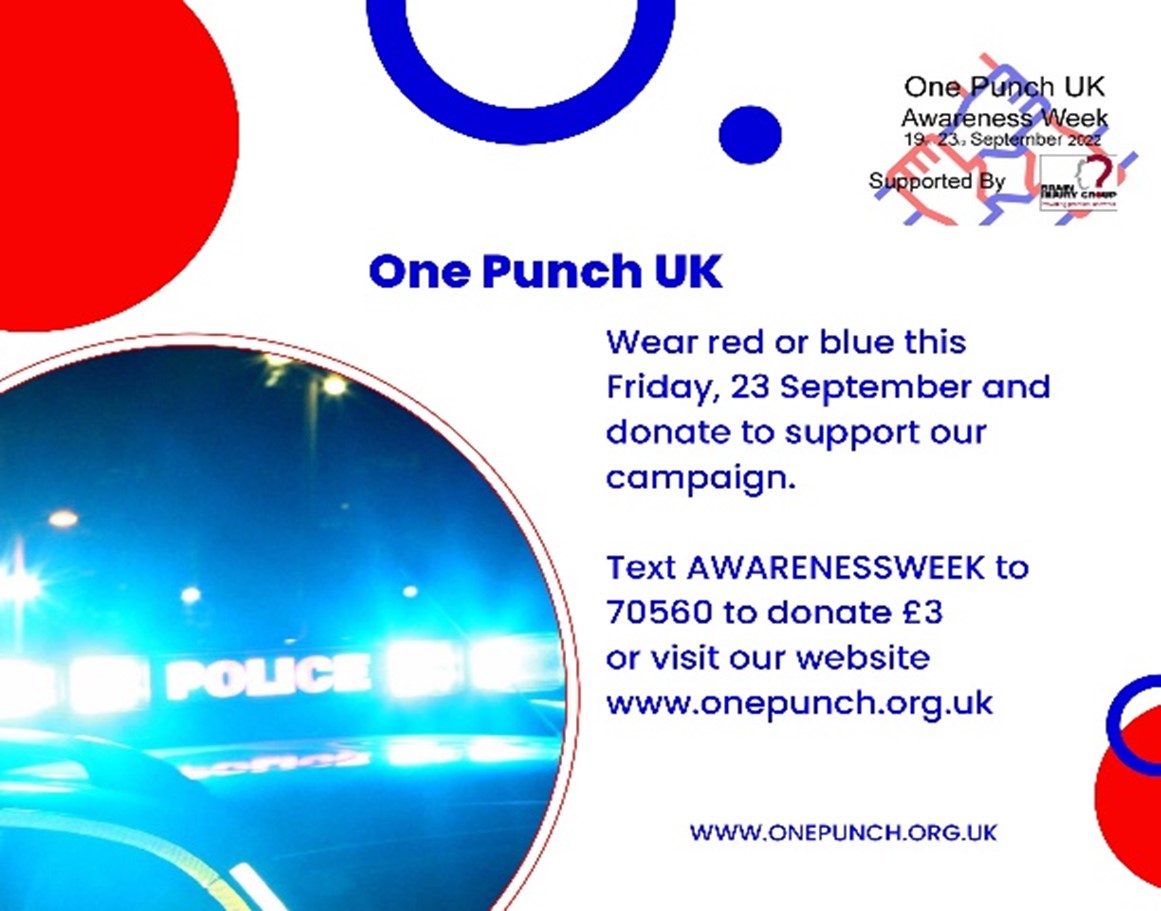 One Punch UK. Wear red or blue this Friday 23 September and donate to support our campaign. Text AWARENESSWEEK to 70560 to donate £3 or visit our website www.onepunch.org.uk