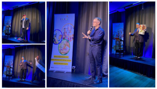 Theodora Children's Charity comedy night, hosted by Hugh James, comedians Stephen Owen, Dominic Holland, Matt Daniel Baker, and Adam Bloom perform on stage. All proceeds go to Theodora Children's Charity