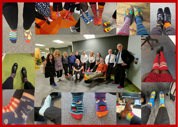 A collage of Hugh James colleagues wearing their funkiest socks as part of the 'lots of socks' campaign in support of World Down Syndrome Day