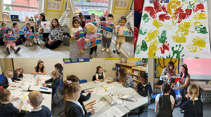 A collage of photos from Hugh James' Manchester office visit to a primary school and nursery with children showing off their art projects from the day