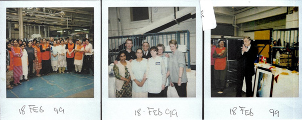 A collection of 3 polaroid photographs showing David Ward with employees inside the laundry factory in Birmingham