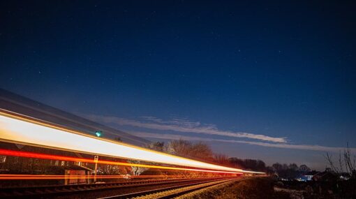 Light trails from a Train to Worcester at dusk