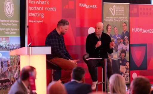 Ryan Jones and Craig Maxwell on stage at the Hugh James Rugby Lunch 2026