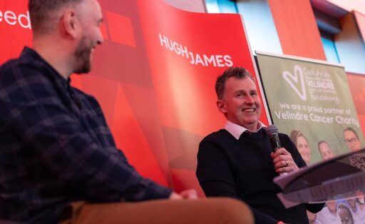 Ryan Jones and Nigel Owens on stage at the Hugh James Rugby Lunch 2026